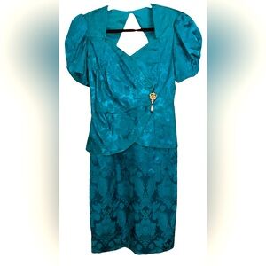 80s 90s Vintage Scott McClintock Teal Blue Satin Damask Dress Size 12 Brooch